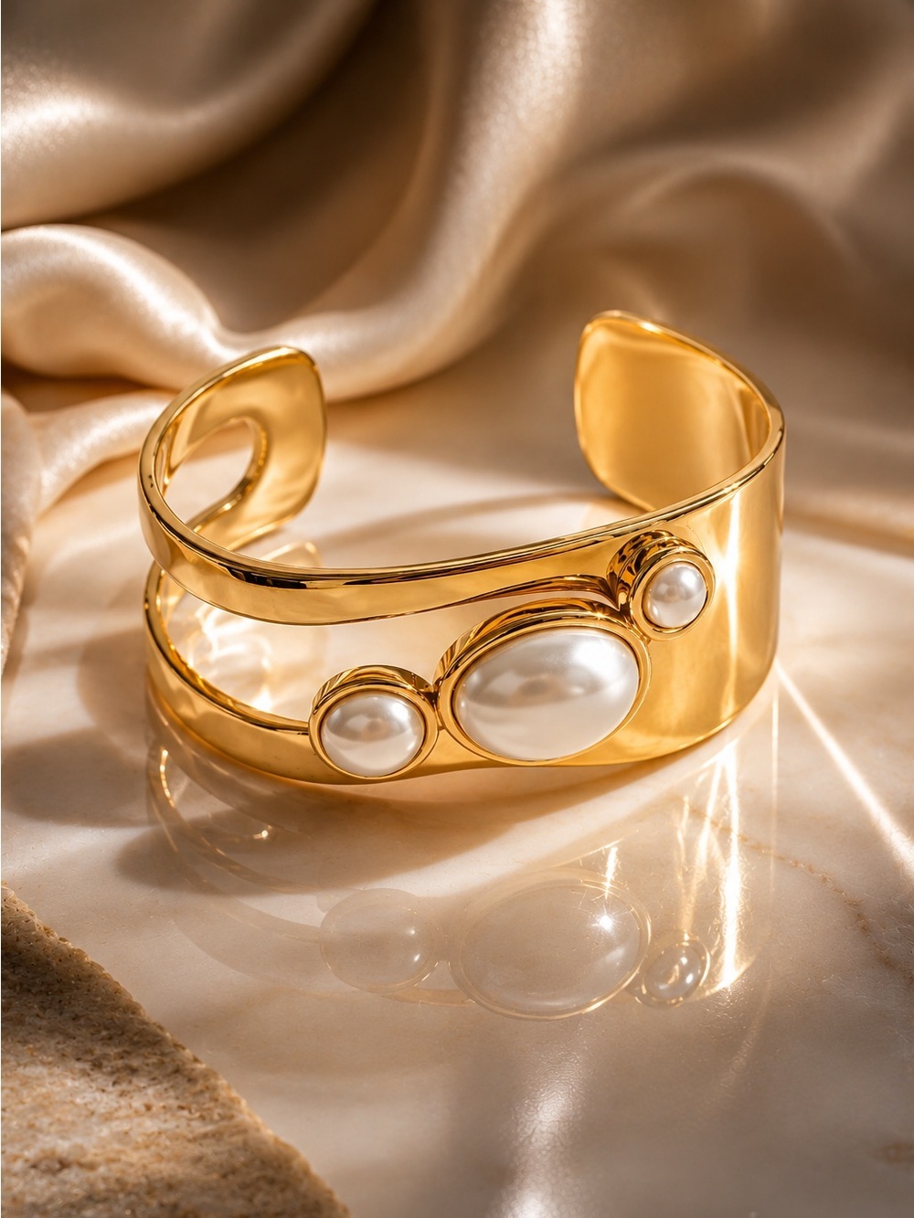 Vintage 18 K Gold plated Cuff Bracelet with Pearl Accents - Picture 2 of 14